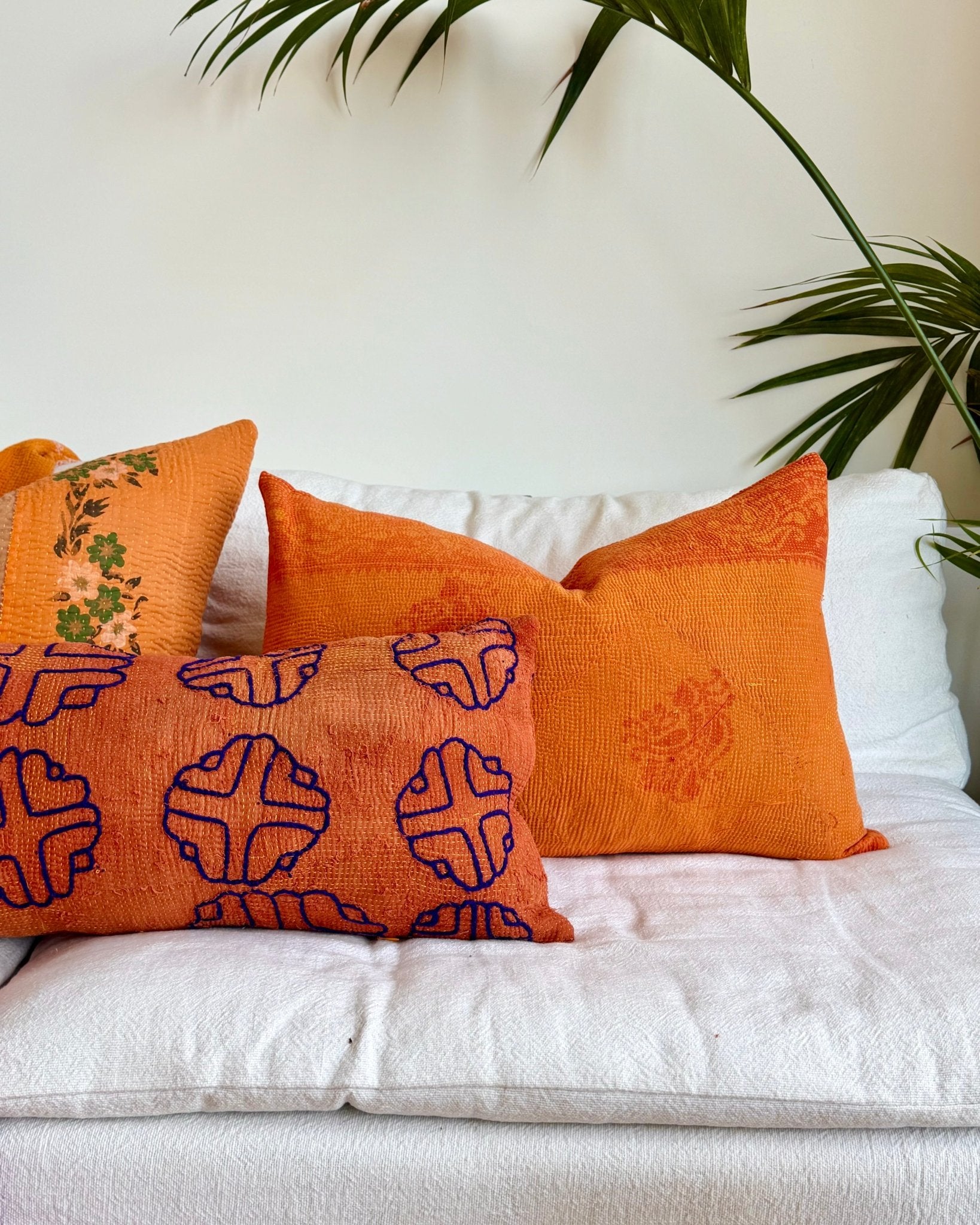 Vintage Kantha Cushion In Orange 03 - Large Rectangular - Biggs & Hill