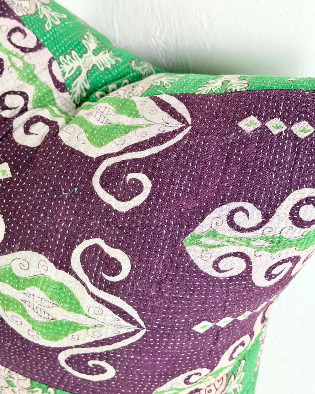 Handmade Vintage Kantha Cushion Cover In Green and Purple- 45cm (18") Square
