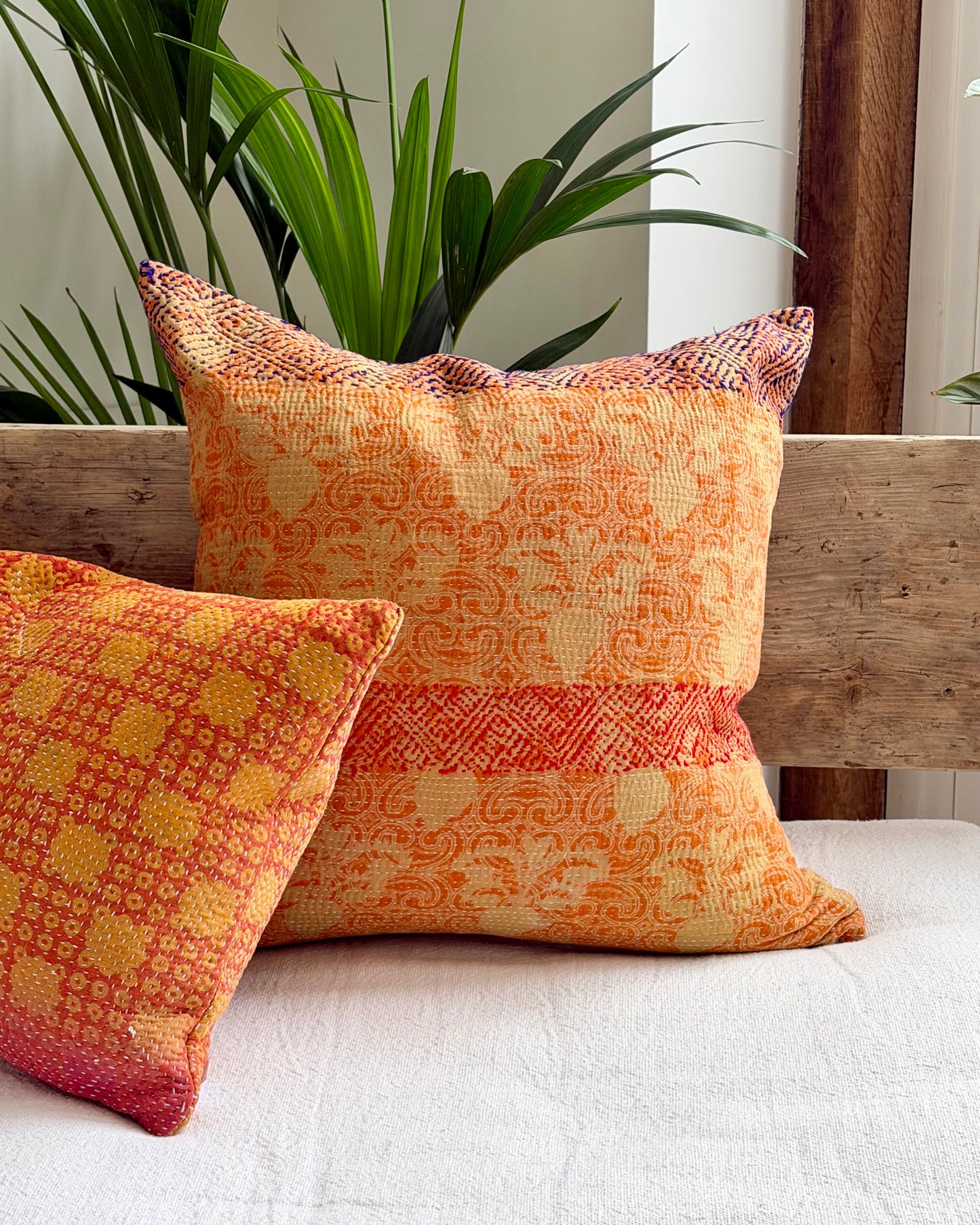 Vintage Kantha Cushion In Floral Orange - 45cm Square