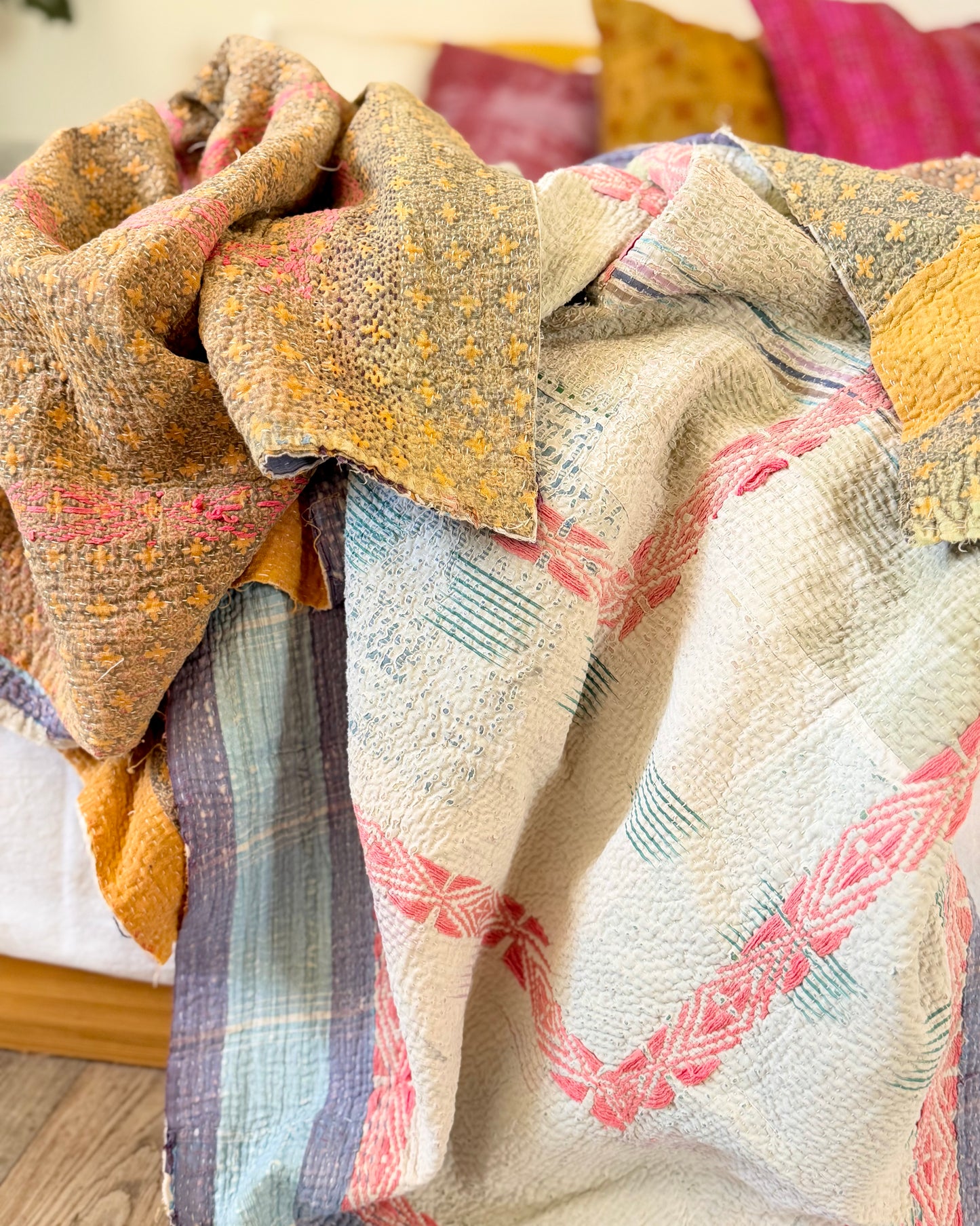 Embroidered Vintage Kantha Quilt in Yellow, Pink and White