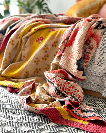 Extra Large Fine Stitched Vintage Kantha Quilt in Geometric Red and Yellow - Biggs & Hill