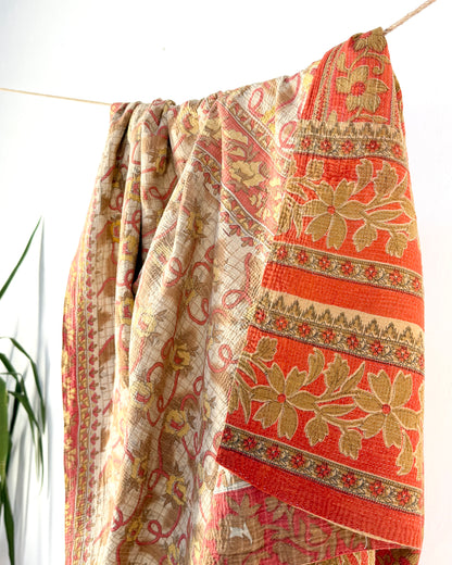 Large Fine Stitched Vintage Kantha Quilt in Orange and Beige