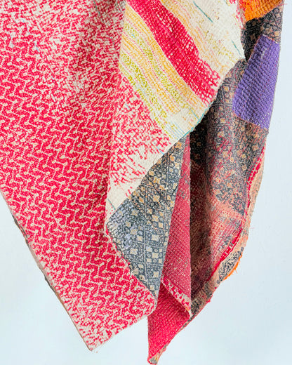 Large Textured Vintage Kantha Quilt in Red and Blue