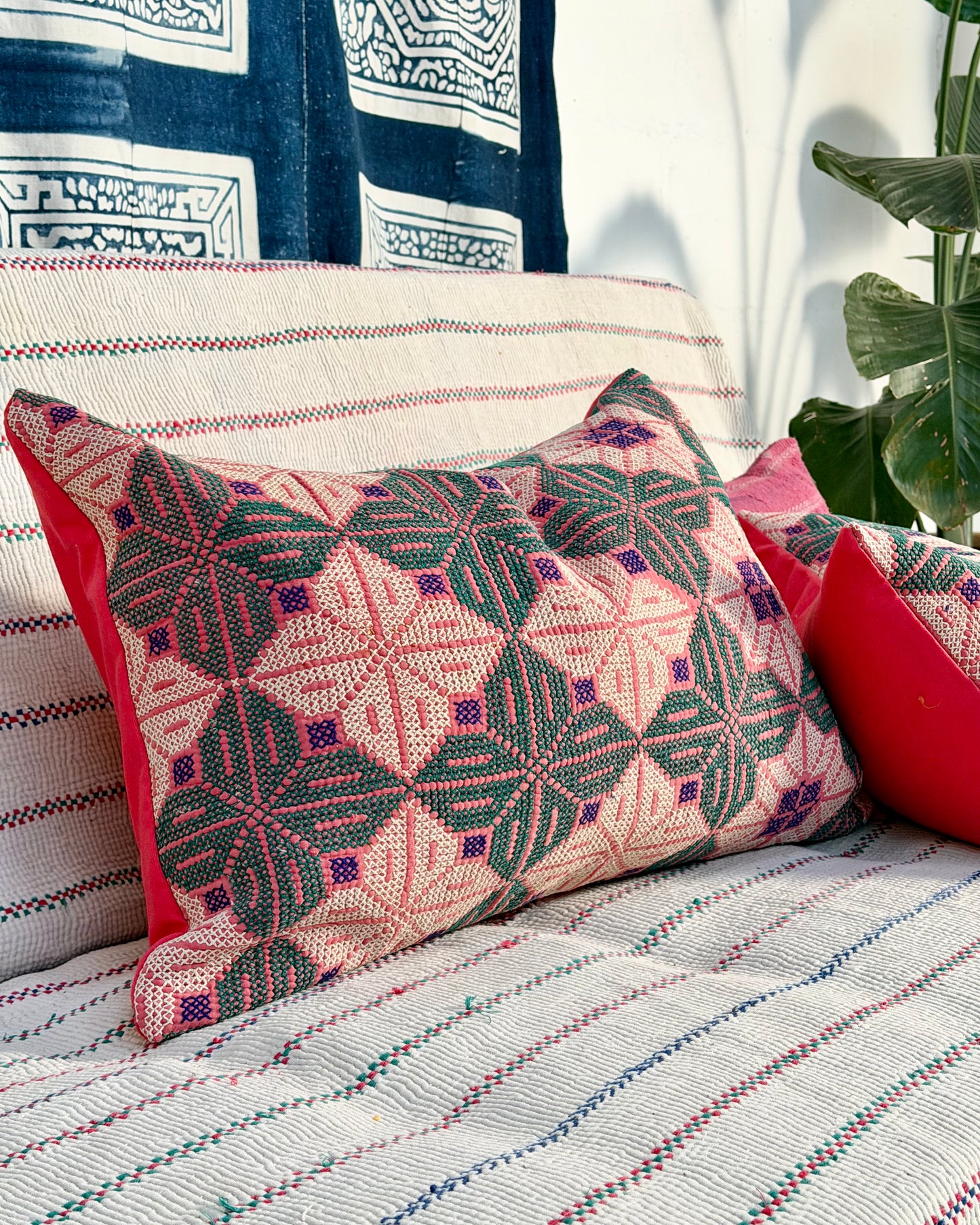 Vintage Galichi Kantha Cushion Cover In Pink - Large Rectangular