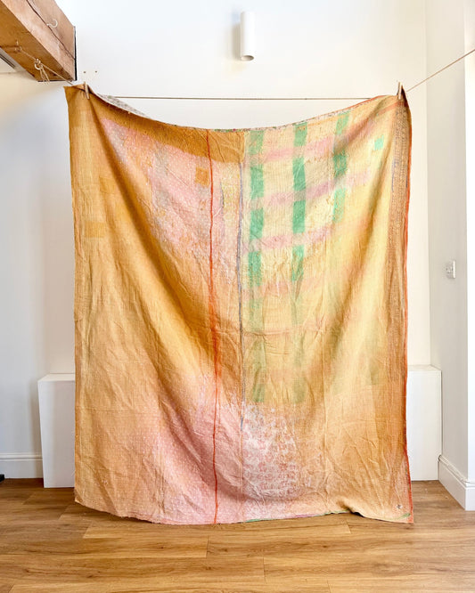Project Kantha Quilt: Soft Yellow and Pink With Authentic Aged Texture - Biggs & Hill