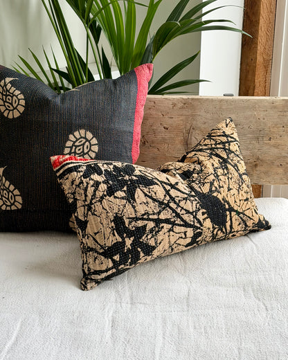 Vintage Kantha Cushion In Black and Red- Small Rectangular