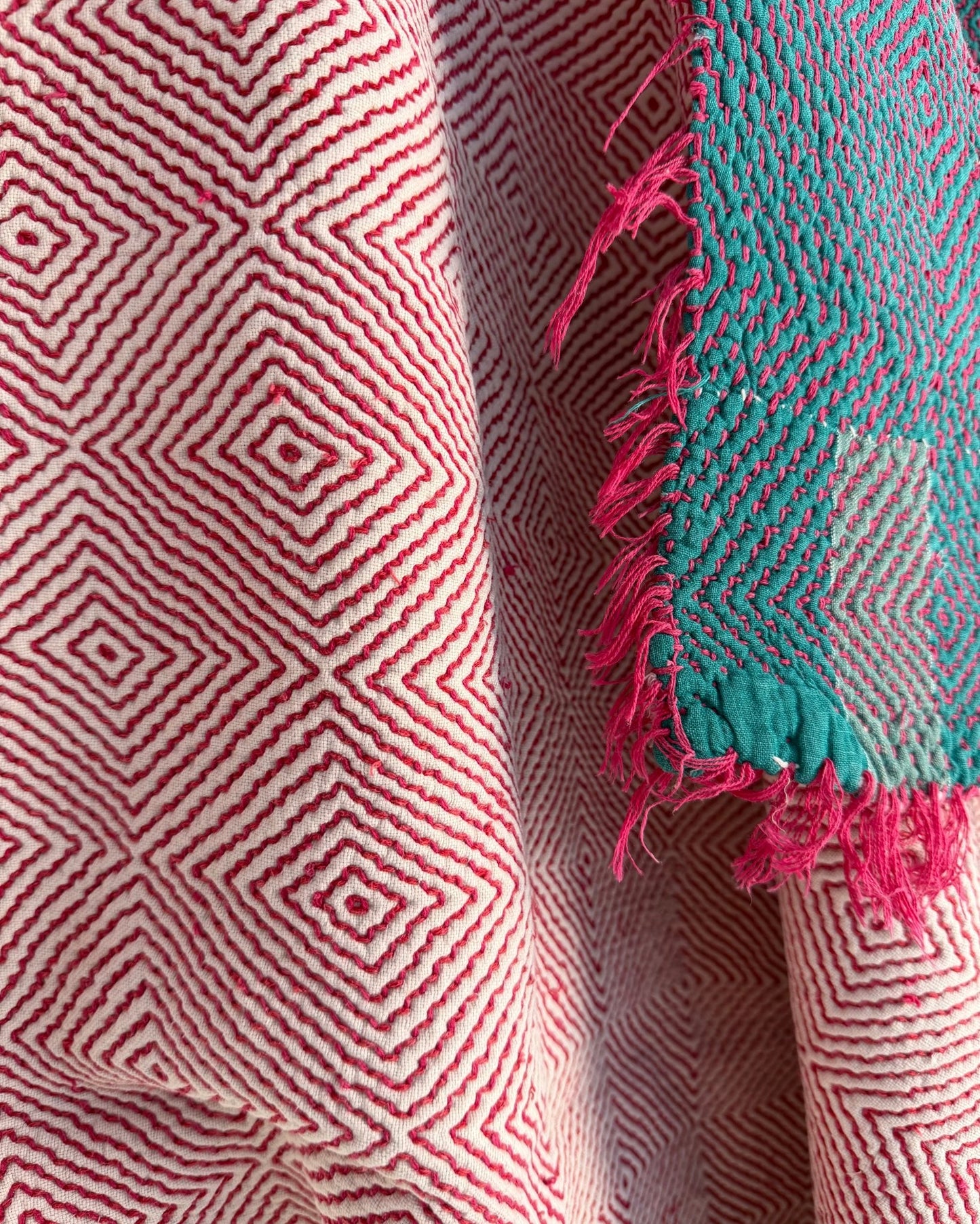 Large Heavy Kantha Blanket Quilt With Lik Phul Stitching In Forest Green and Pink - Biggs & Hill