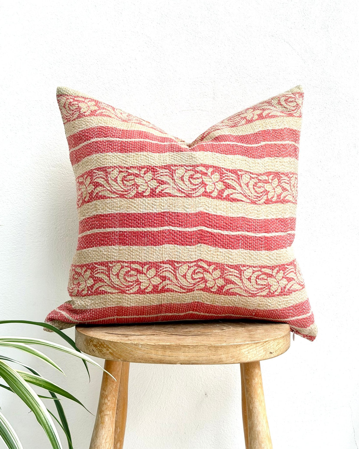 Handmade Vintage Kantha Cushion Cover In Pink and Beige- 45cm (18") - Biggs & Hill