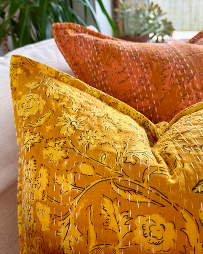Sunshine Yellow Floral Block Printed Hand Stitched Square Kantha Cushion