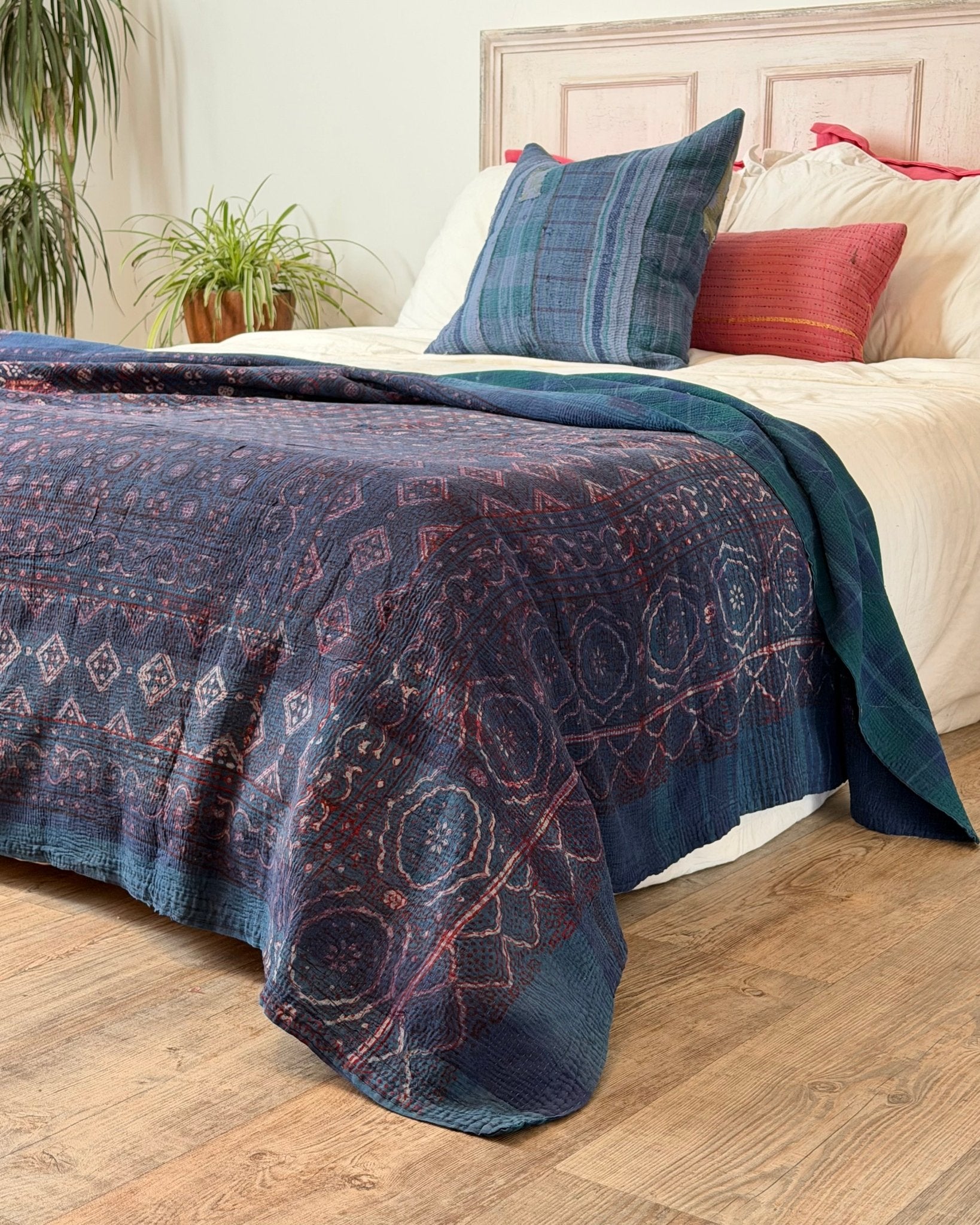 Ajrak Printed Vintage Kantha Quilt In Deep Blue - Biggs & Hill