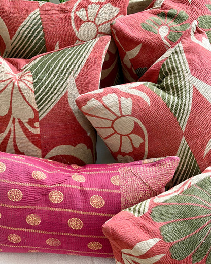 Vintage Kantha Cushion In Green and Pink- 45cm Square