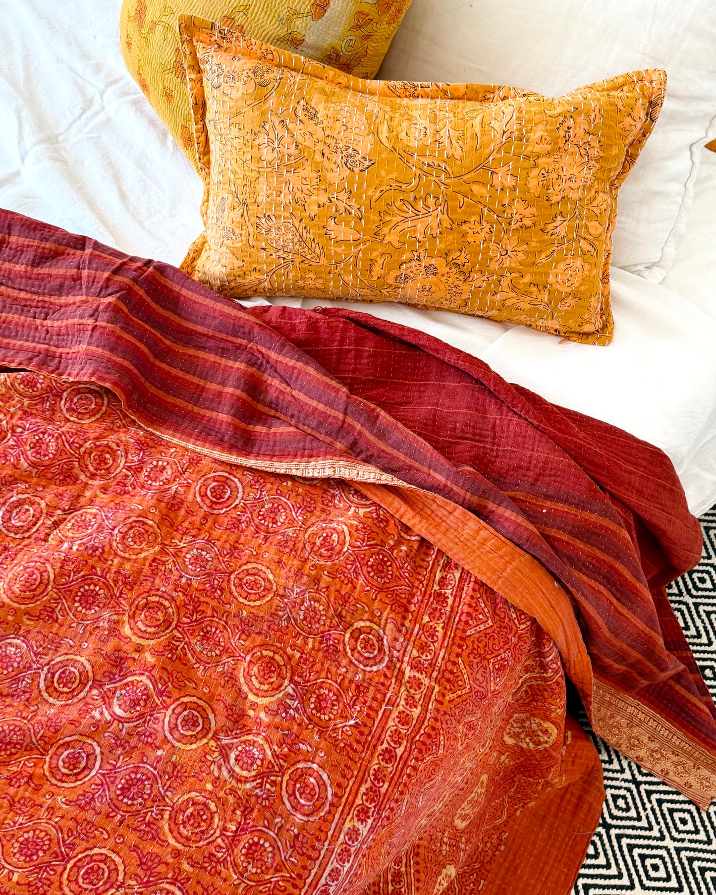 Extra Large Ajrakh Printed Vintage Kantha Quilt In Deep Red