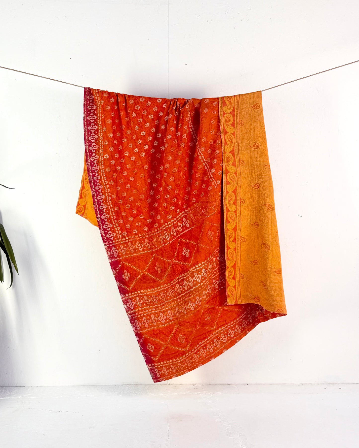 Extra Large Fine Stitched Vintage Kantha Quilt in Yellow and Orange
