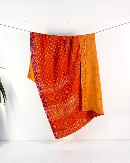 Extra Large Fine Stitched Vintage Kantha Quilt in Yellow and Orange