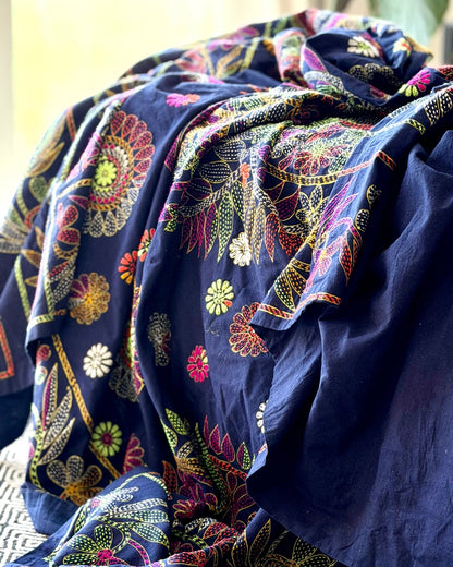 Embroidered Handmade Revival Nakshi Kantha Bedcover in Deep Blue - Biggs & Hill