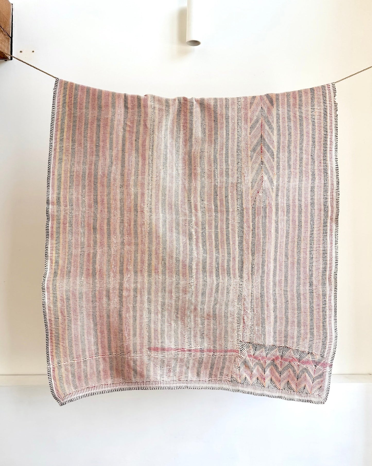 Small Heavy Vintage Lohori Kantha Quilt in Pink and Yellow Stripes - Biggs & Hill