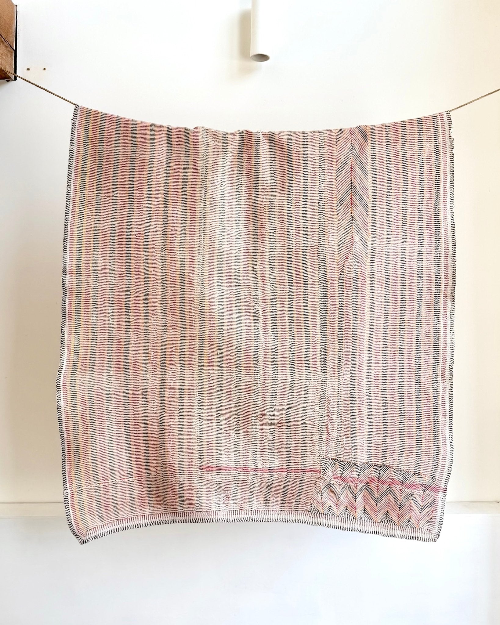 Small Heavy Vintage Lohori Kantha Quilt in Pink and Yellow Stripes - Biggs & Hill