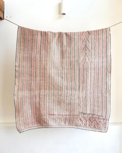 Small Heavy Vintage Lohori Kantha Quilt in Pink and Yellow Stripes - Biggs & Hill