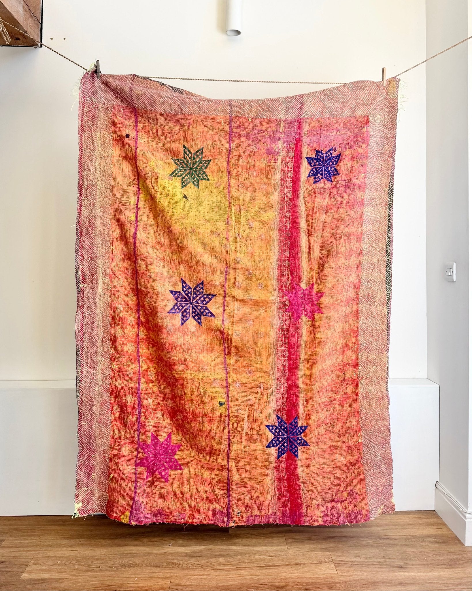 Project Kantha Quilt: Orange and Green With Cross Stitch Stars - Biggs & Hill