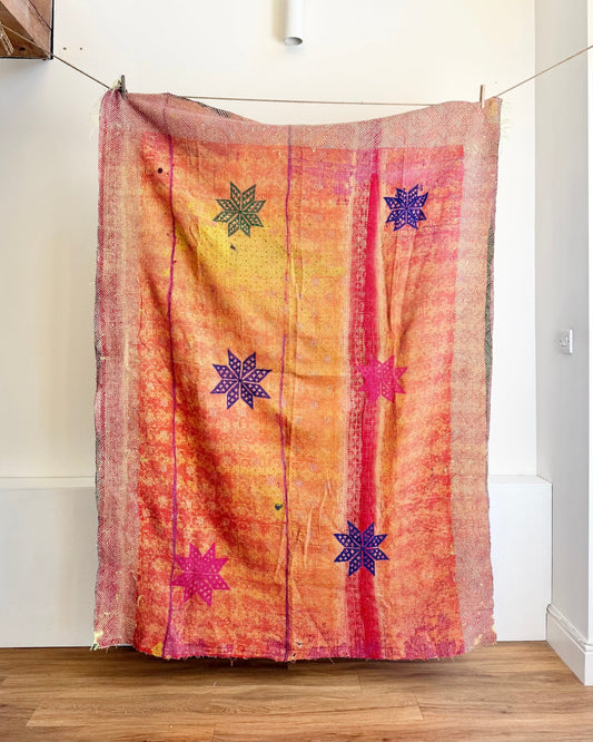 Project Kantha Quilt: Orange and Green With Cross Stitch Stars - Biggs & Hill