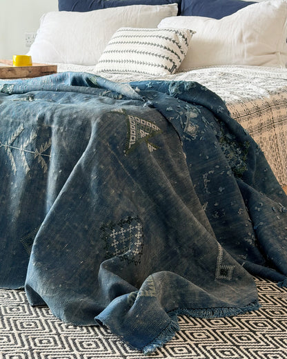Enormous Hand Woven Moroccan Bedcover Made  Indigo “Sabra Silk”