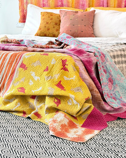 Extra Large Fine Stitched Vintage Kantha Quilt in Vibrant Multicolour Patterns - Biggs & Hill