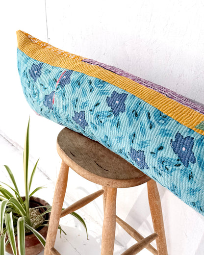 Vintage Kantha Bolster Cushion Cover In Patchwork Blue and Yellow - 100cm