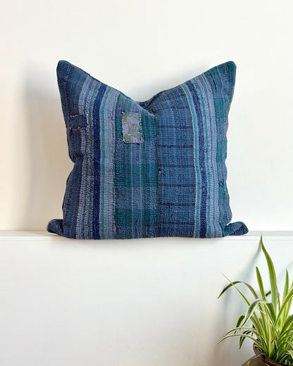 Handmade Vintage Kantha Cushion In Deep Blue - 50cm Square - Biggs & Hill