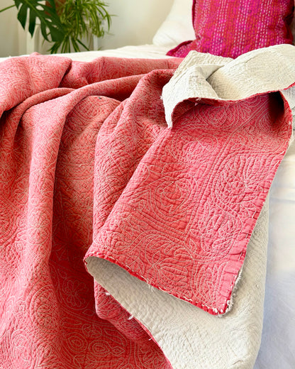 Embroidered Sujini Vintage Kantha Quilt In Faded Pink With Lotus Flower