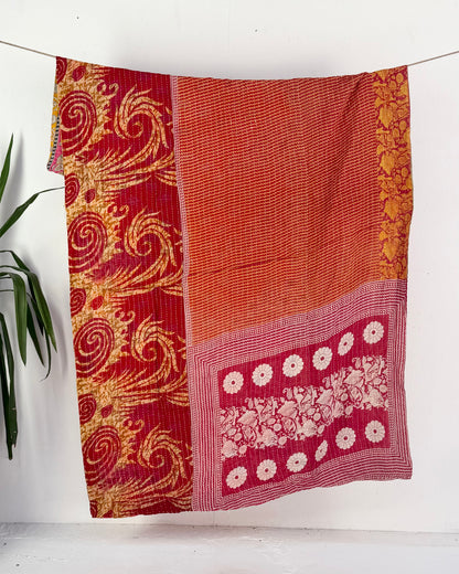 Vintage Cotton Kantha Quilt In Pink and Orange #53