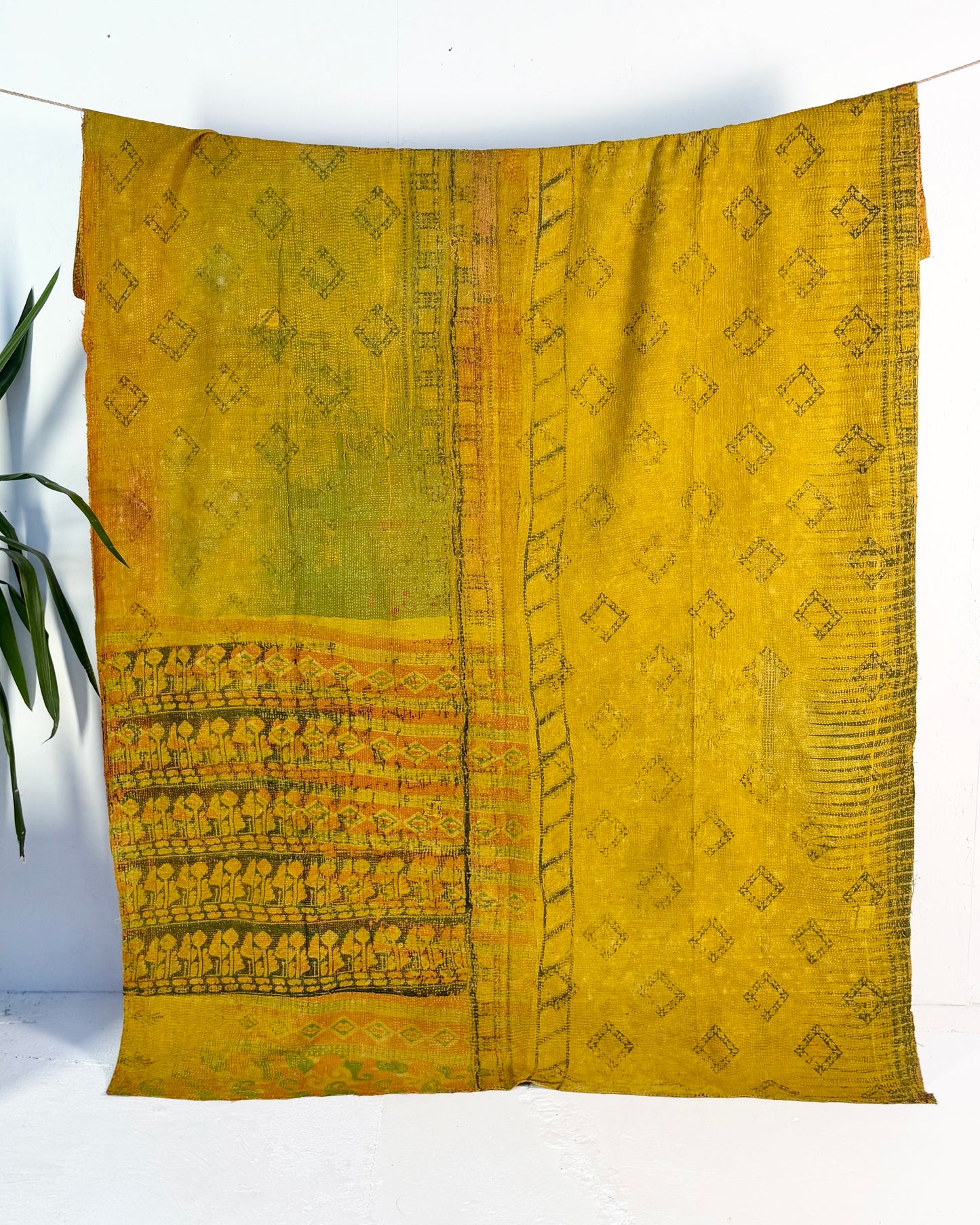 Extra Large Ajrakh Printed Vintage Kantha Quilt In Green-Gold