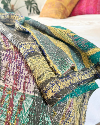 Fine Stitched Embroidered Vintage Kantha Quilt in Green and Gold - Biggs & Hill