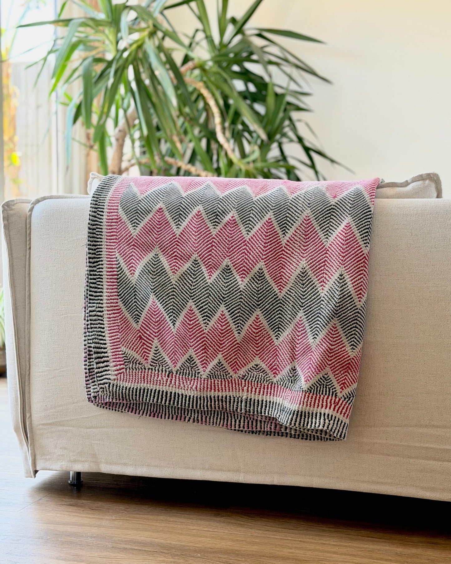 Heavy Vintage Lohori Kantha Quilt in Deep Pink and Black Zig Zags - Biggs & Hill
