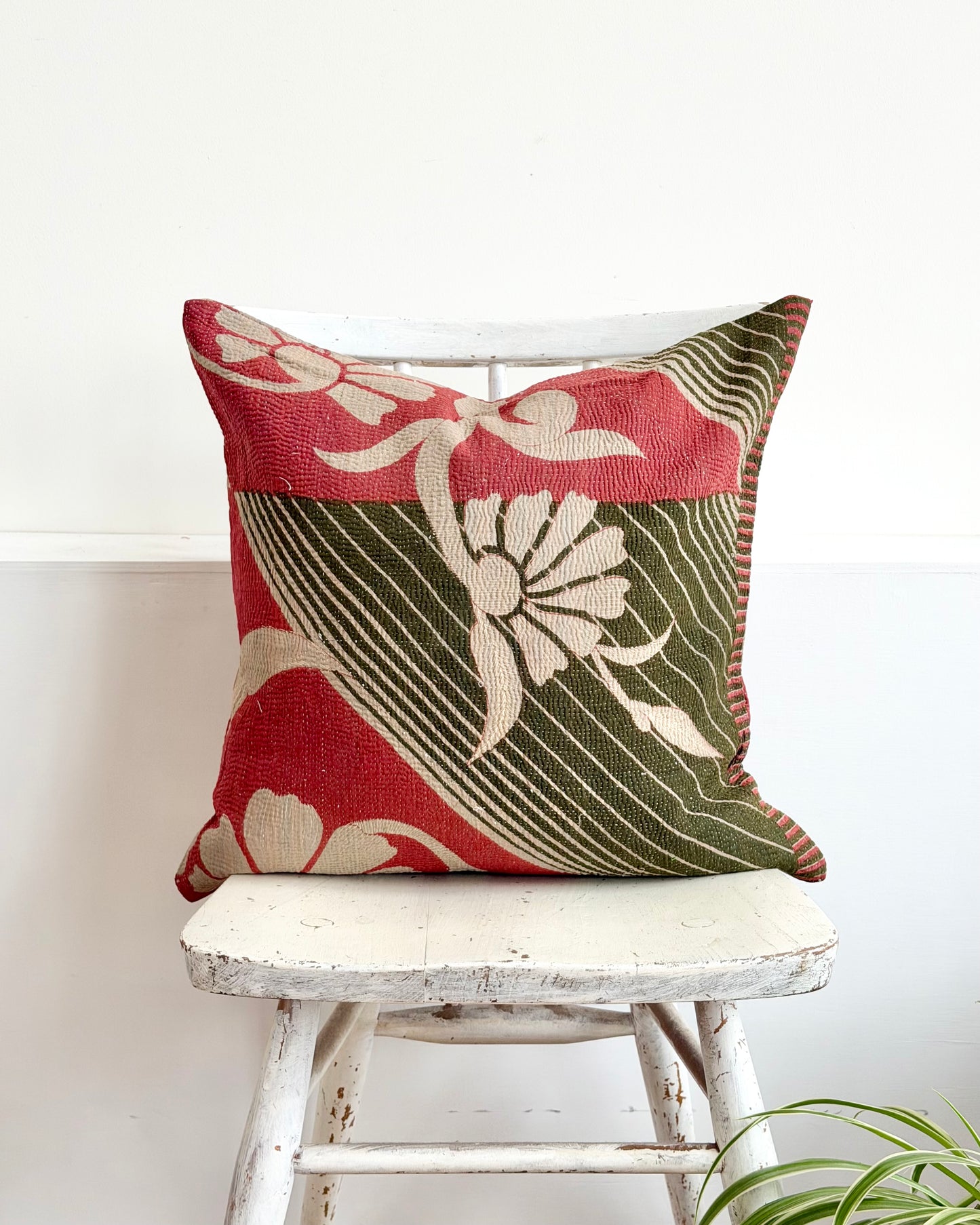 Vintage Kantha Cushion In Green and Pink- 45cm Square