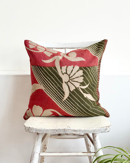 Vintage Kantha Cushion In Green and Pink- 45cm Square