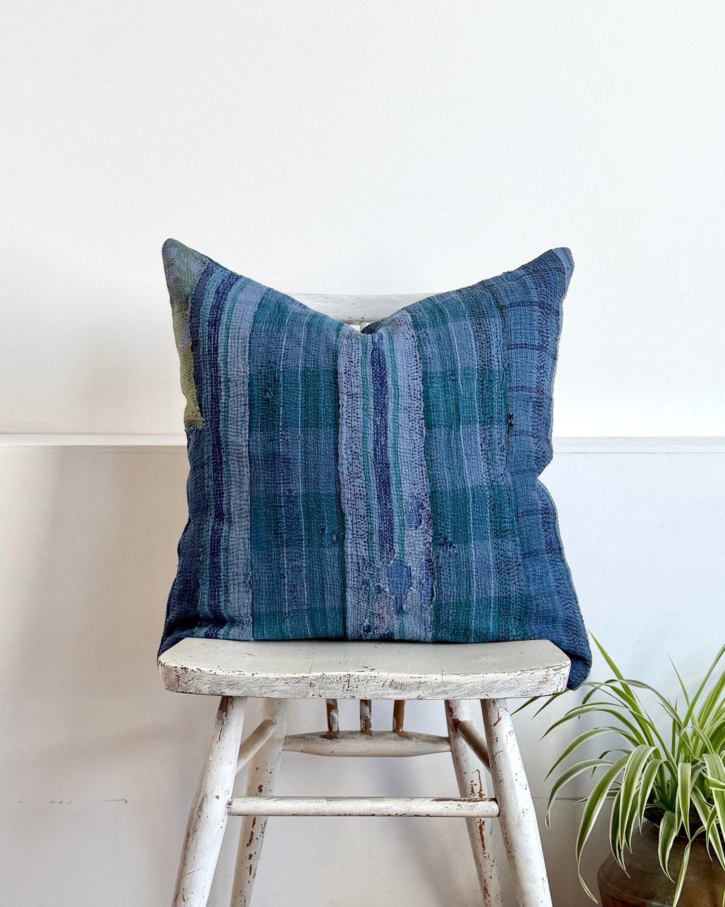 Handmade Vintage Kantha Cushion In Deep Blue - 50cm Square - Biggs & Hill