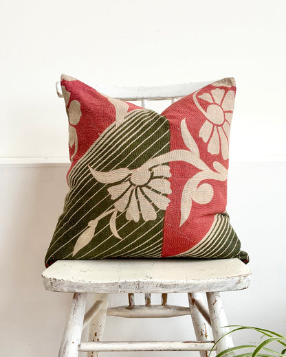 Vintage Kantha Cushion In Green and Pink- 45cm Square