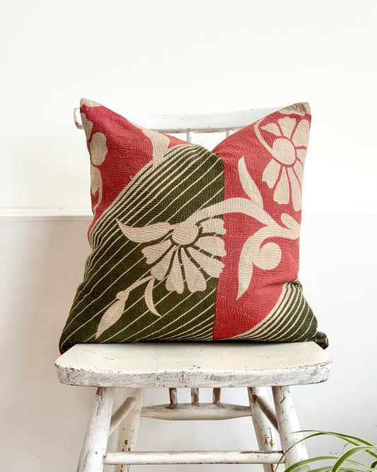 Vintage Kantha Cushion In Green and Pink- 45cm Square