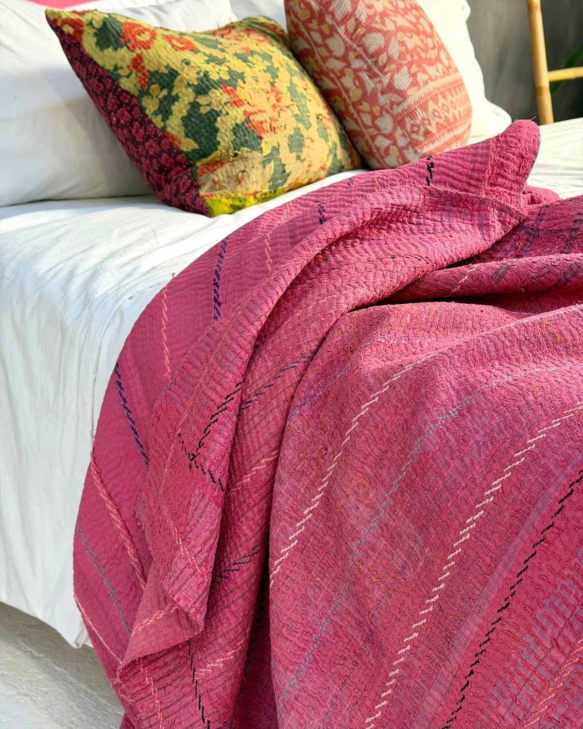 Embroidered Vintage Kantha Quilt in Pink - Biggs & Hill
