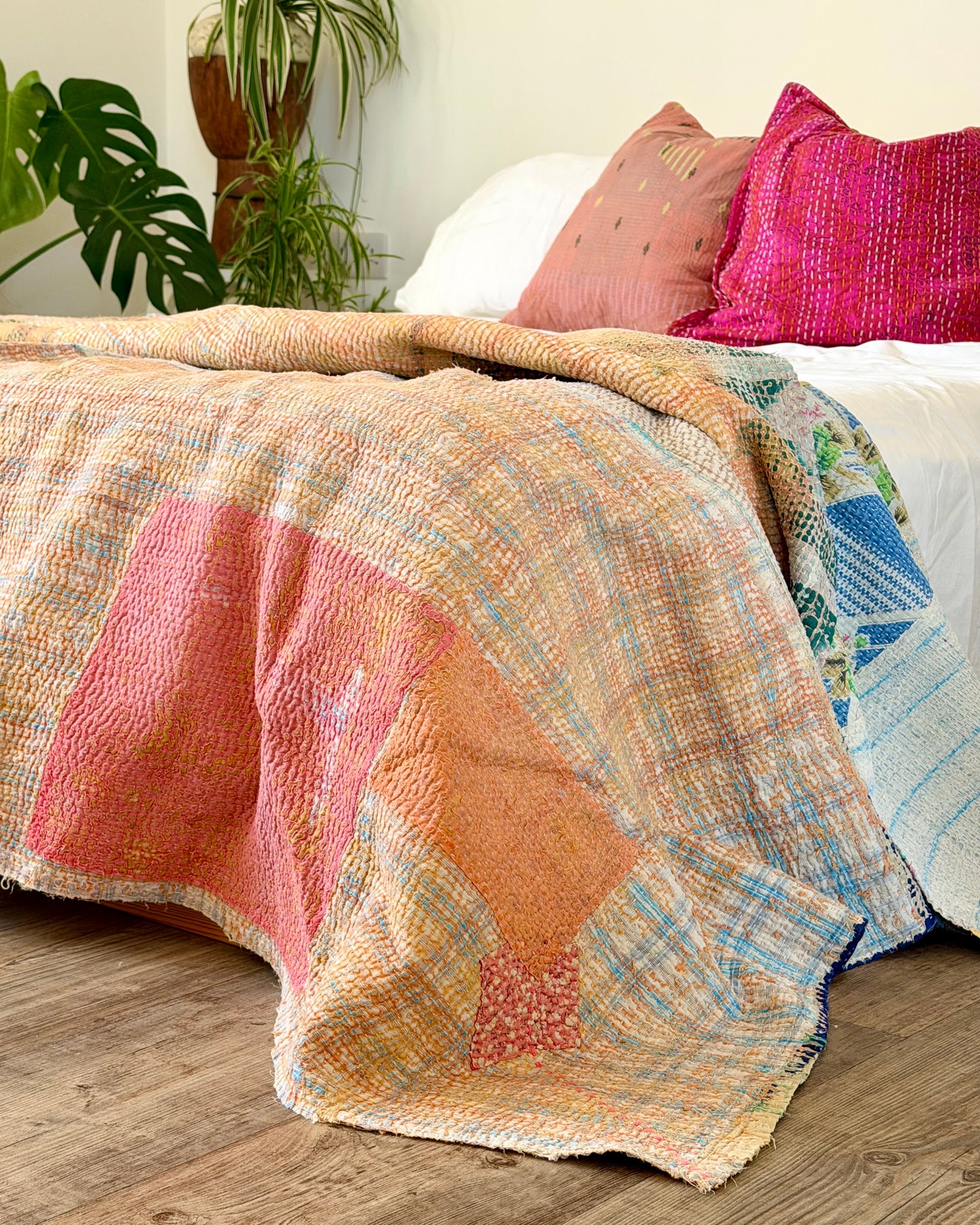 Large Textured Vintage Kantha Quilt in Pastel Pink and Blue