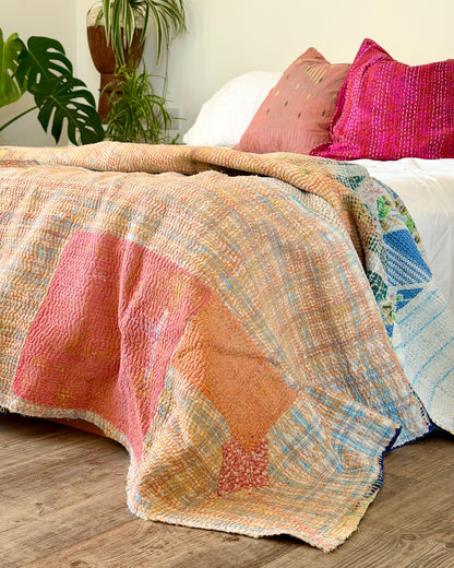 Large Textured Vintage Kantha Quilt in Pastel Pink and Blue