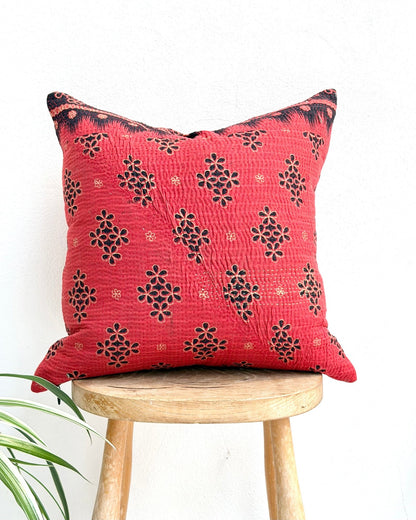 Handmade Reversible Vintage Kantha Cushion Cover In Red and Black - 45cm (18") - Biggs & Hill