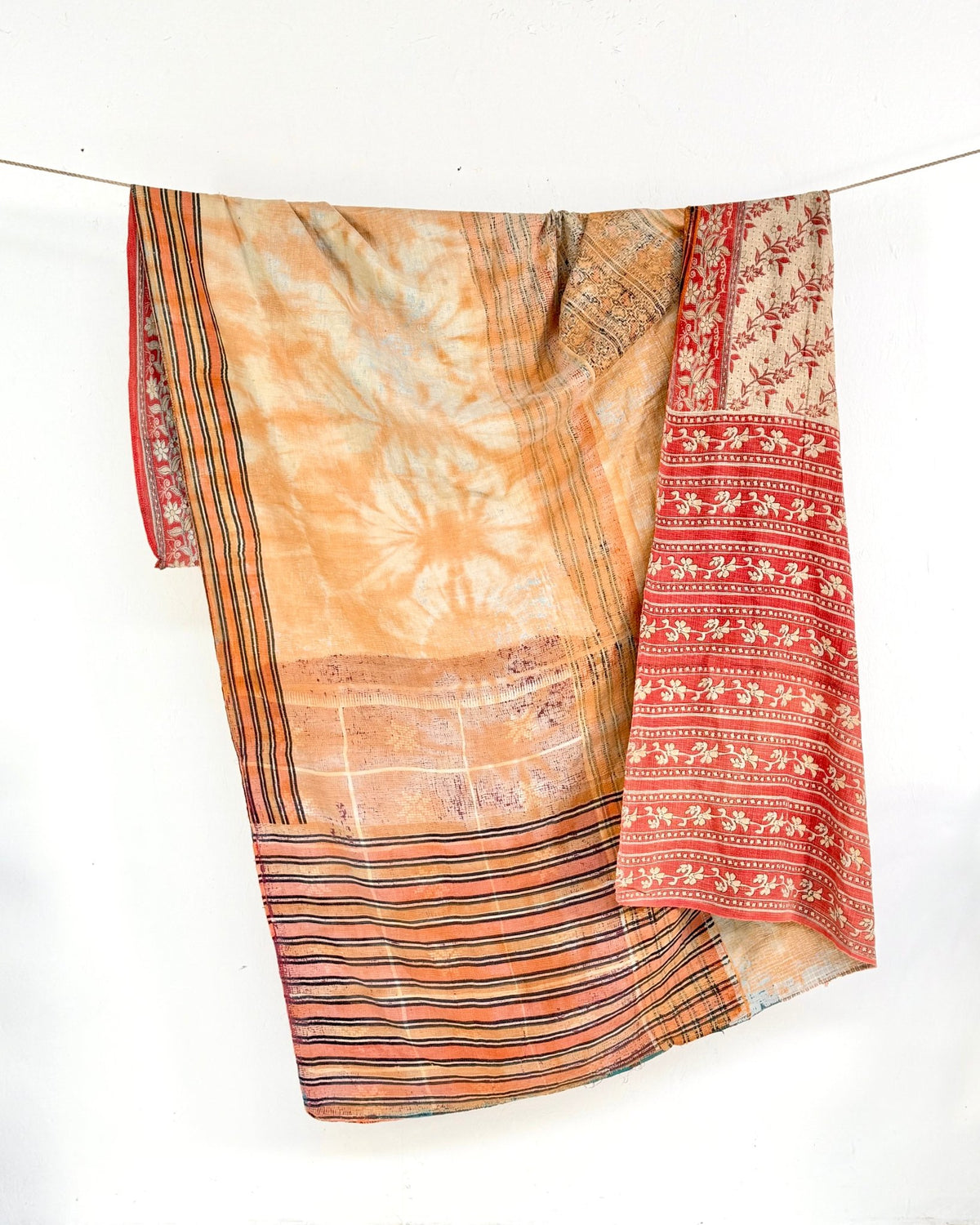 Extra Large Fine Stitched Vintage Kantha Quilt in Peachy Orange and Red - Biggs & Hill