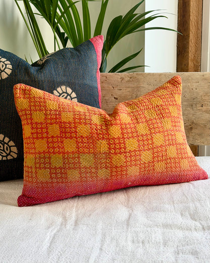 Vintage Kantha Cushion In Pink and Yellow - Small Rectangular