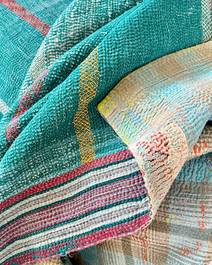 Extra Large Heavy Embroidered Vintage Kantha Quilt in Green and Blue