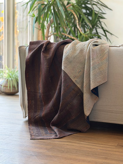 Vintage Embroidered Saami Ralli Quilt in Dark Blue, Green With Brown Colour Block Reverse