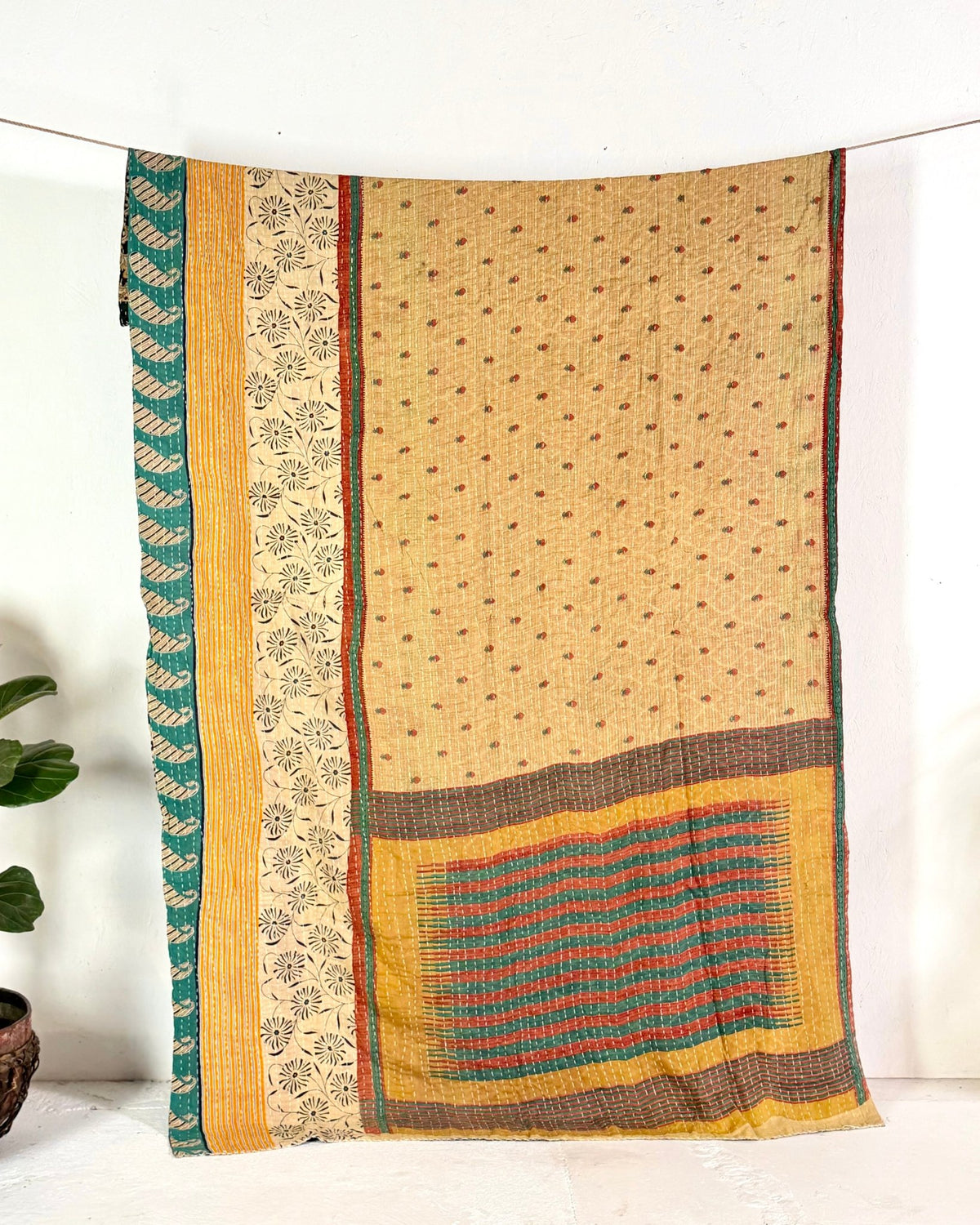 Vintage Cotton Kantha Quilt In Yellow and Black 11 - Biggs & Hill