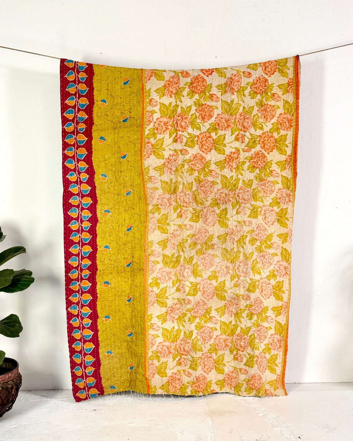 Vintage Cotton Kantha Quilt In Yellow, Black and Red 05 - Biggs & Hill