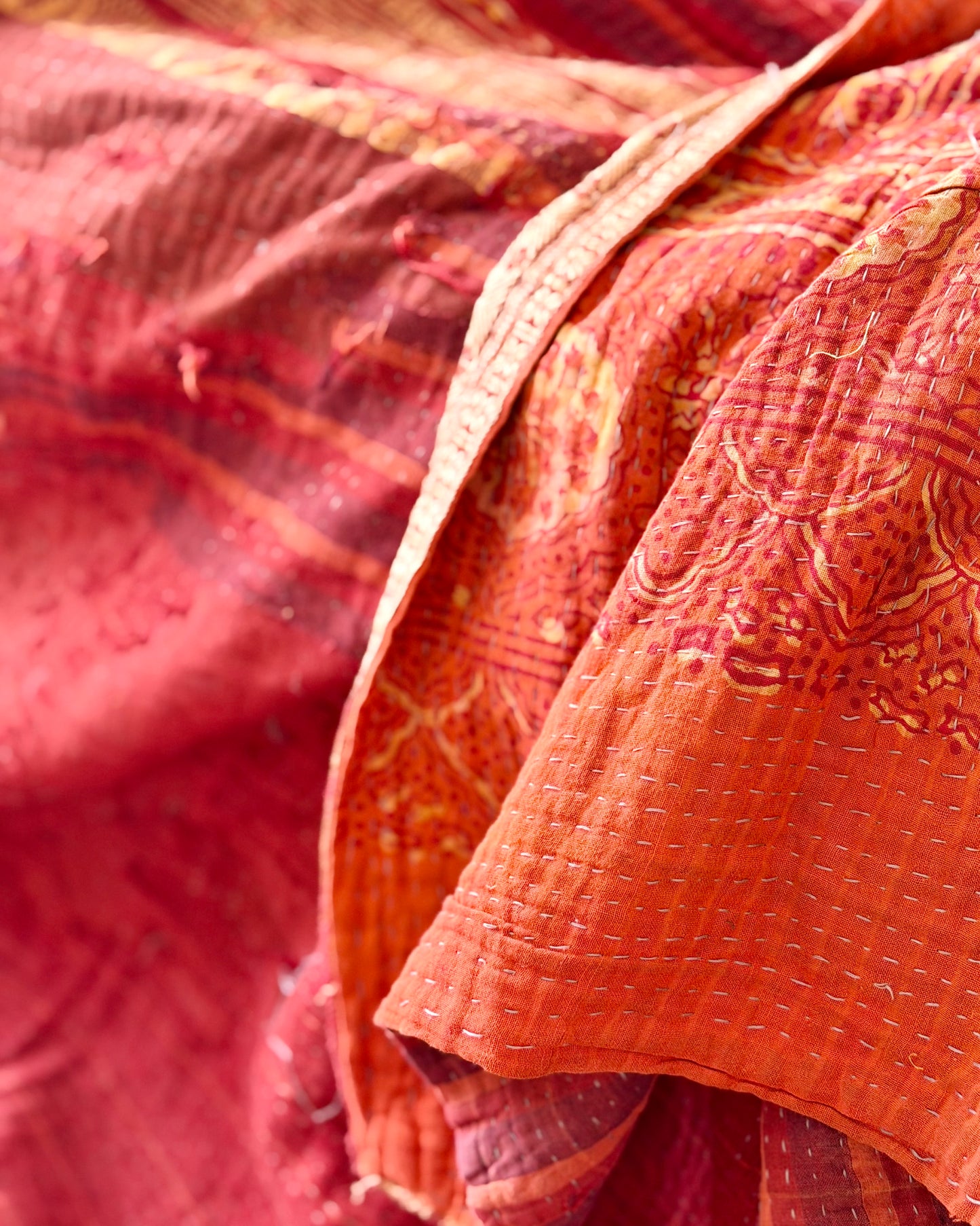 Extra Large Ajrakh Printed Vintage Kantha Quilt In Deep Red