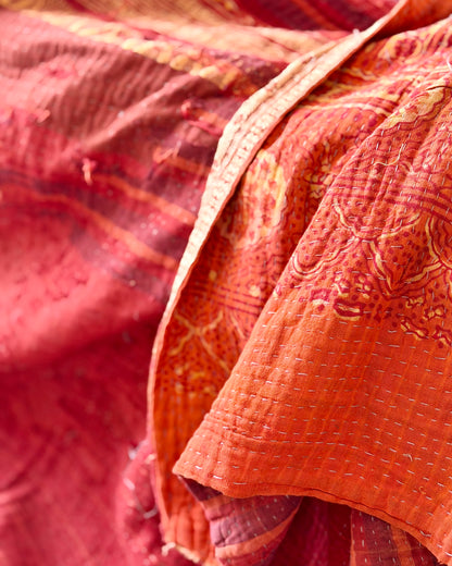 Extra Large Ajrakh Printed Vintage Kantha Quilt In Deep Red